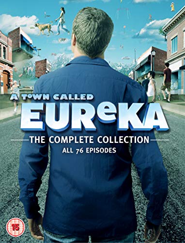 DVD cover for "A Town Called Eureka" with a man’s back and surreal town.