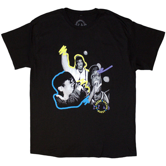 A black unisex t-shirt featuring the A Tribe Called Quest paint splatter logo.