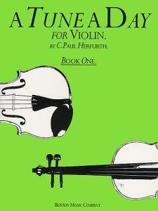 Green cover of “A Tune A Day For Violin Book One” with violins.