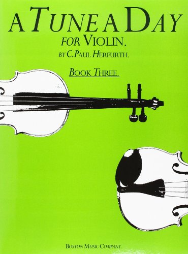Bright green cover of "A Tune a Day for Violin, Book Three" with violins.
