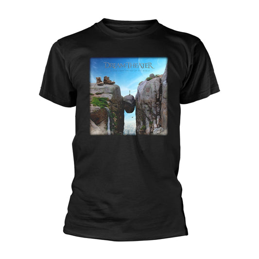 Black t-shirt featuring album art of a rocky canyon with a waterfall.