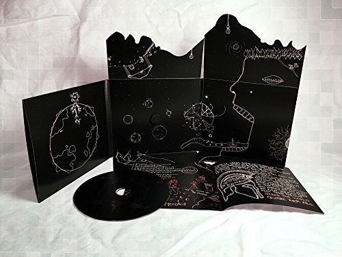 Open CD case with black and white line art, and a silver disc.