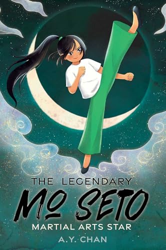 Girl in green pants performing a high kick against a moonlit background.