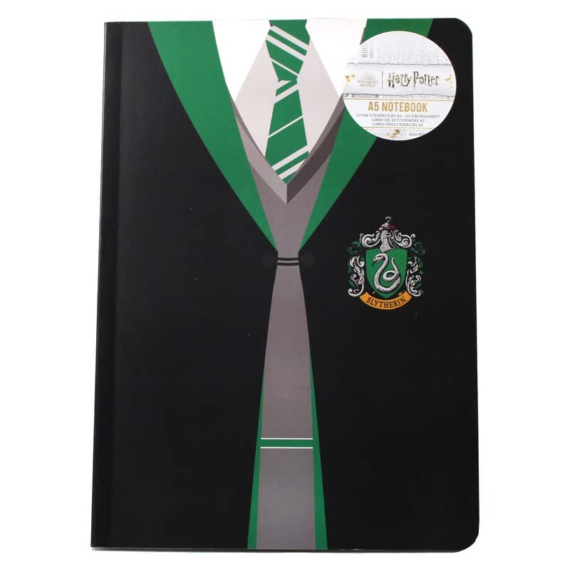 Black A5 notebook with Slytherin uniform design and house crest.