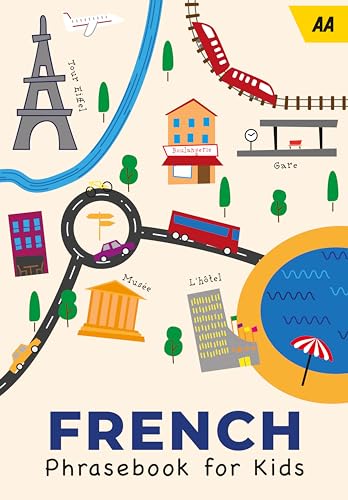 Children’s French phrasebook cover with illustrated landmarks and transportation.