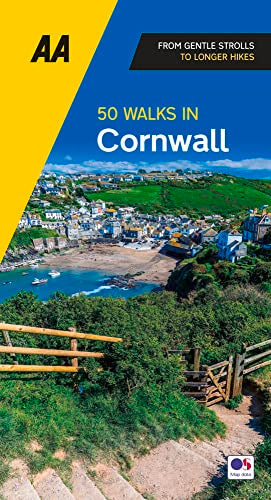 Book cover: "50 Walks in Cornwall" with coastal town and walking path image.