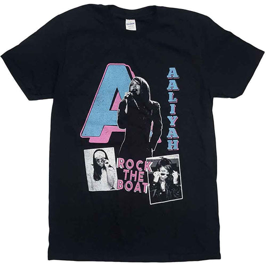 Black Aaliyah t-shirt with “Rock The Boat” logo and portrait.