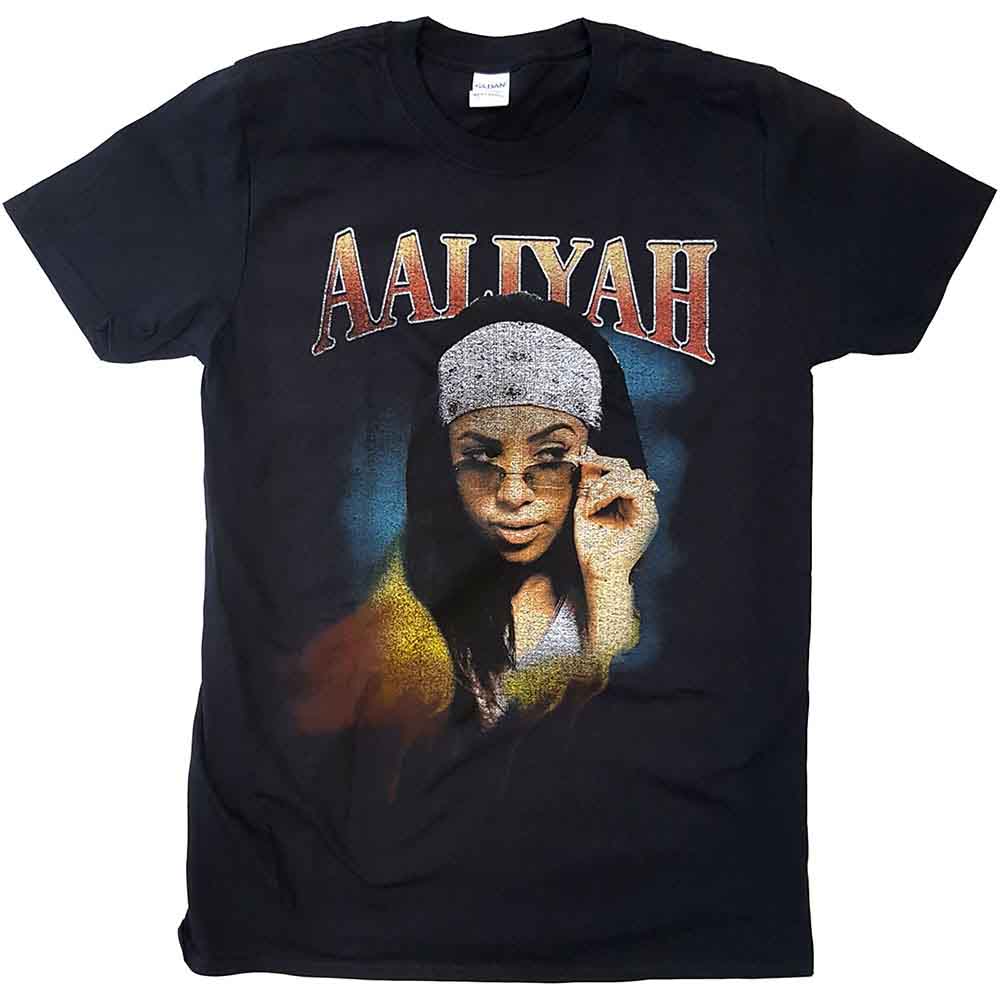 Black t-shirt with a graphic of Aaliyah, facing left, with logo text.