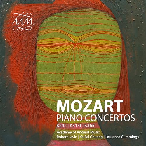 CD cover with abstract orange and green design, text “MOZART Piano Concertos”.