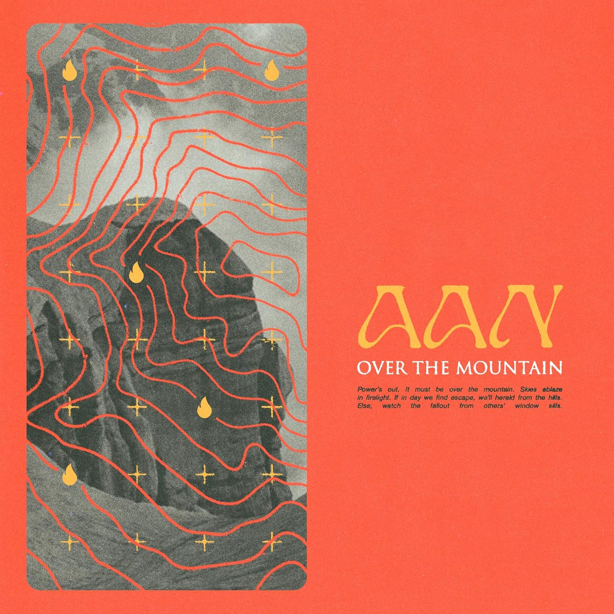 Red album cover with a mountain silhouette and topographic lines.