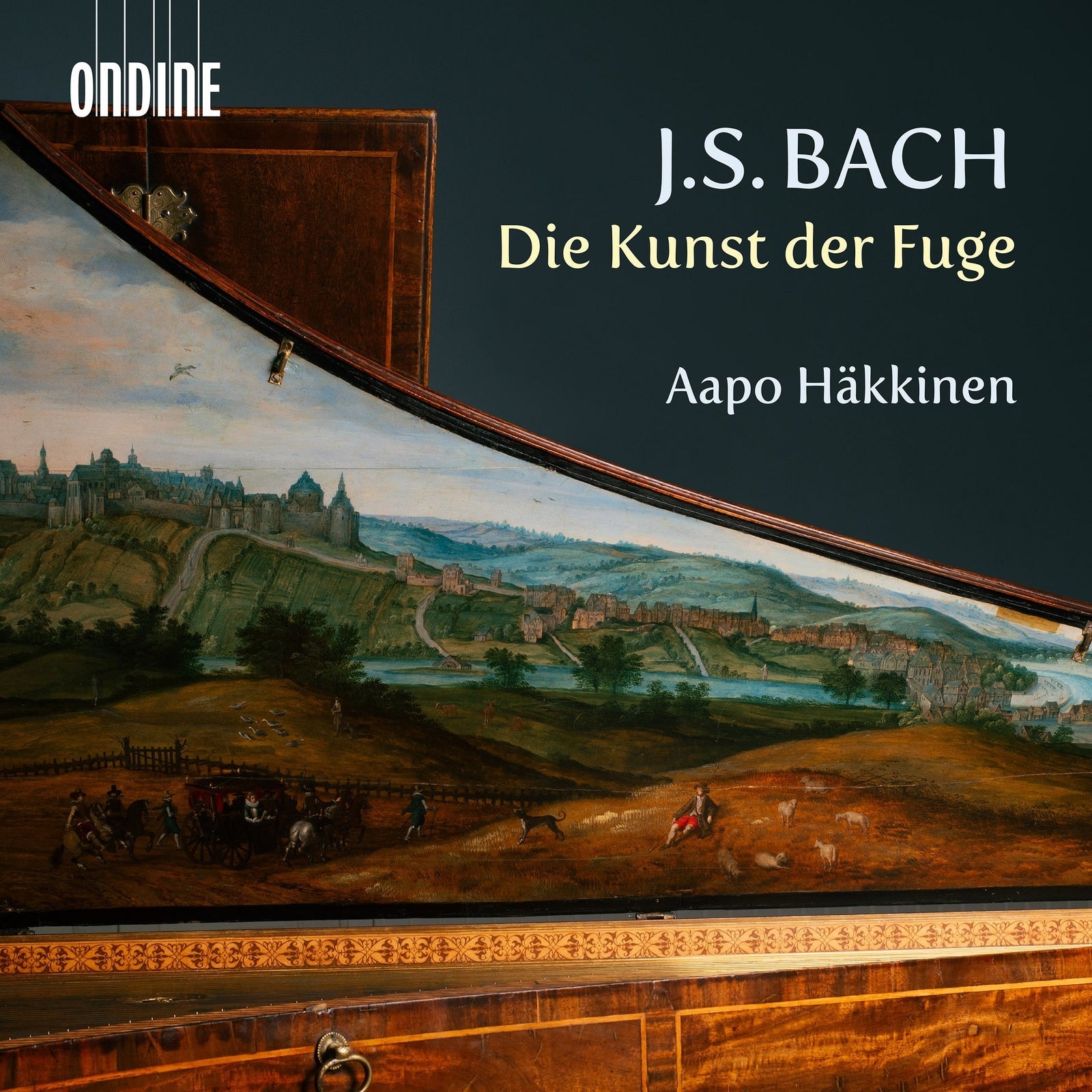 CD cover featuring a harpsichord lid with a landscape painting and text by Bach.