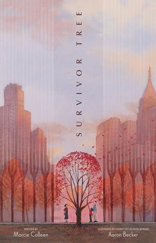 Book cover: a tree with red leaves, city skyline, and people below.