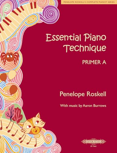 Piano technique book cover with colorful illustrations and title text.