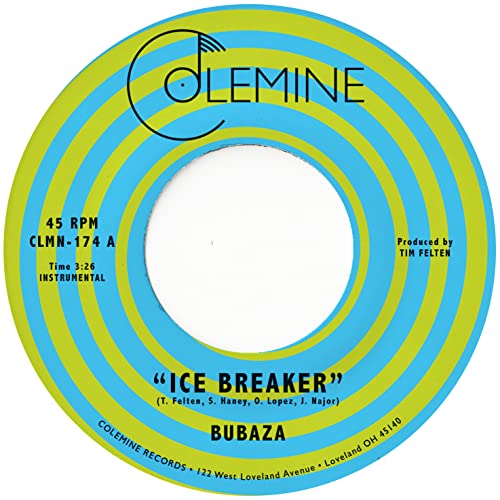 Yellow and blue 7-inch vinyl record label with text and a center hole.