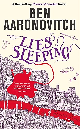 Book cover with illustrated London cityscape and purple title: "Lies Sleeping".