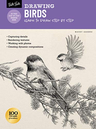 Instructional drawing book cover featuring pencil sketches of two birds on a pine branch.