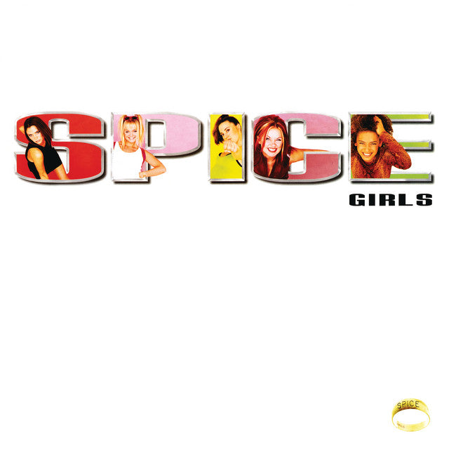 "Spice Girls album cover featuring the band members' photos within the title text."