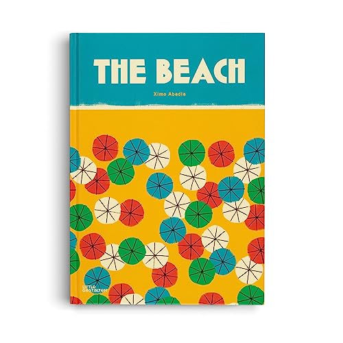 Book cover: "The Beach" with colorful umbrella pattern on yellow background.