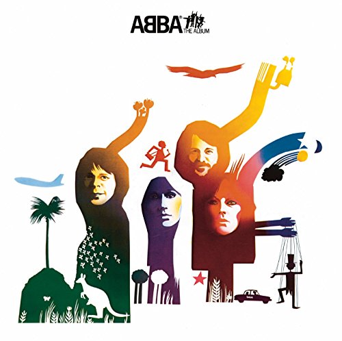 ABBA album cover with illustrated figures, birds, and colorful landscape.