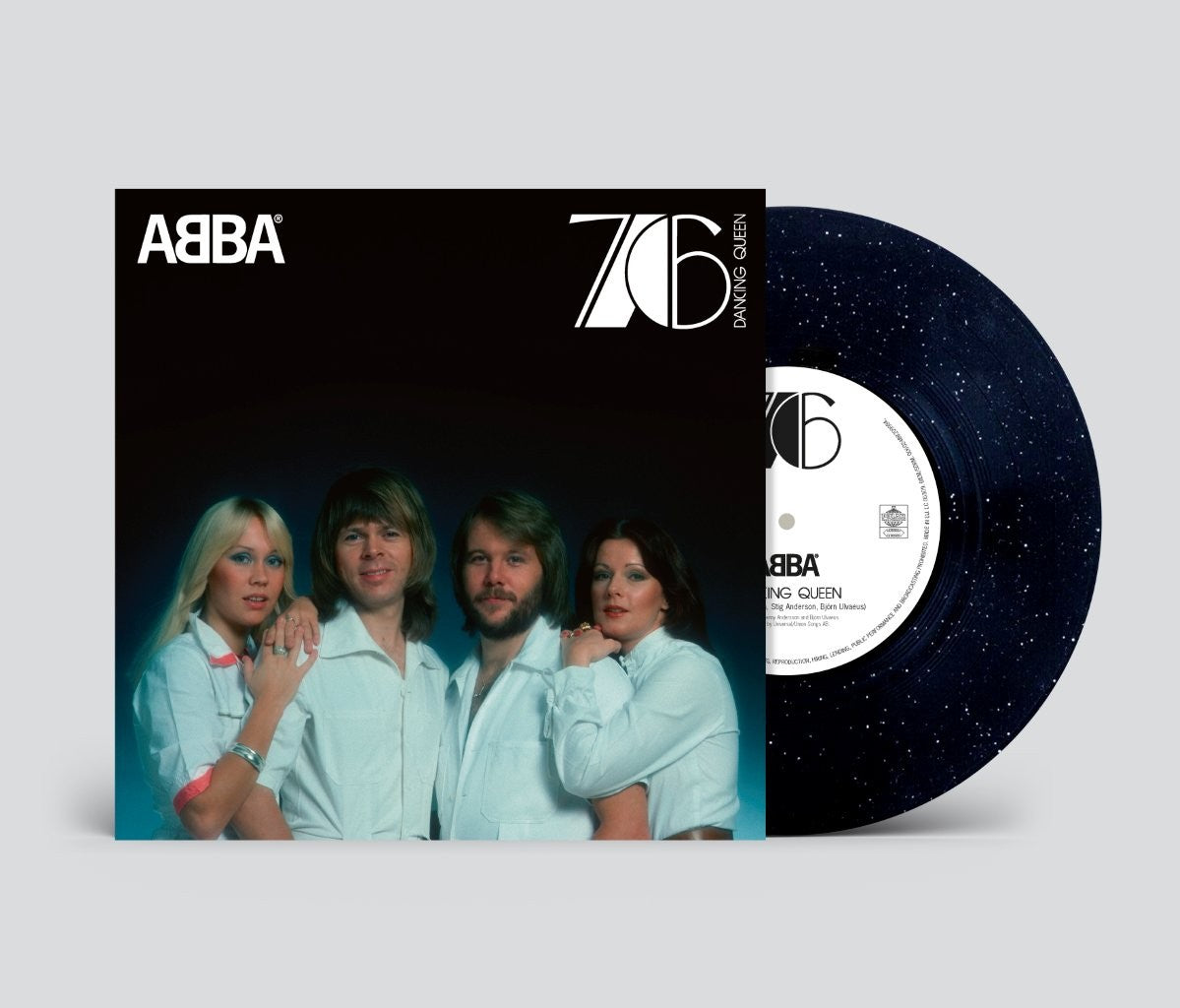 ABBA Dancing Queen vinyl record with a dark, speckled finish and matching album cover.