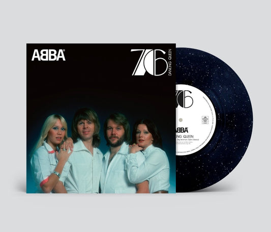 ABBA Dancing Queen vinyl record with a dark, speckled finish and matching album cover.