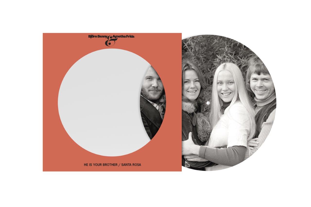 "Vinyl record sleeve with orange cover and circular black and white photo inset."