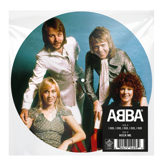 ABBA band members on a circular vinyl record with tracklist and barcode.