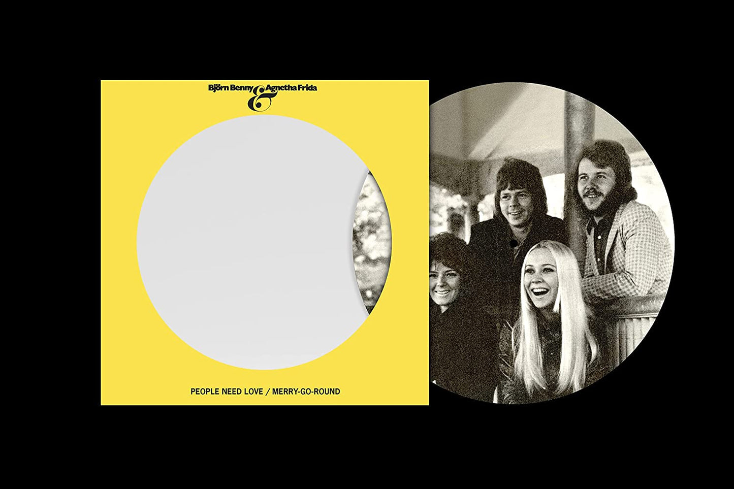 ABBA’s “People Need Love” 7-inch vinyl record with band portrait.