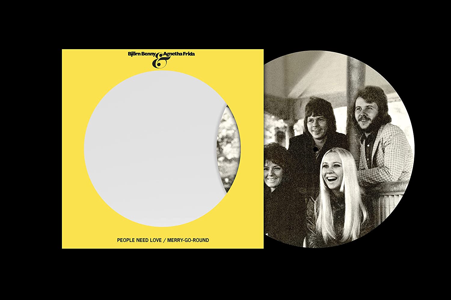 ABBA’s “People Need Love” 7-inch vinyl record with band portrait.