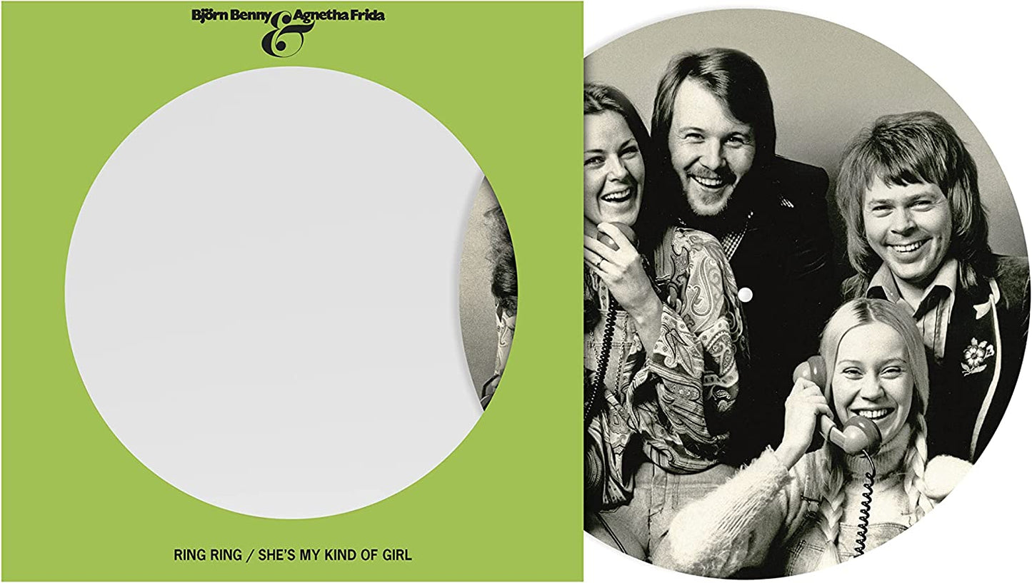ABBA’s “Ring Ring” 7-inch vinyl record cover with group portrait.