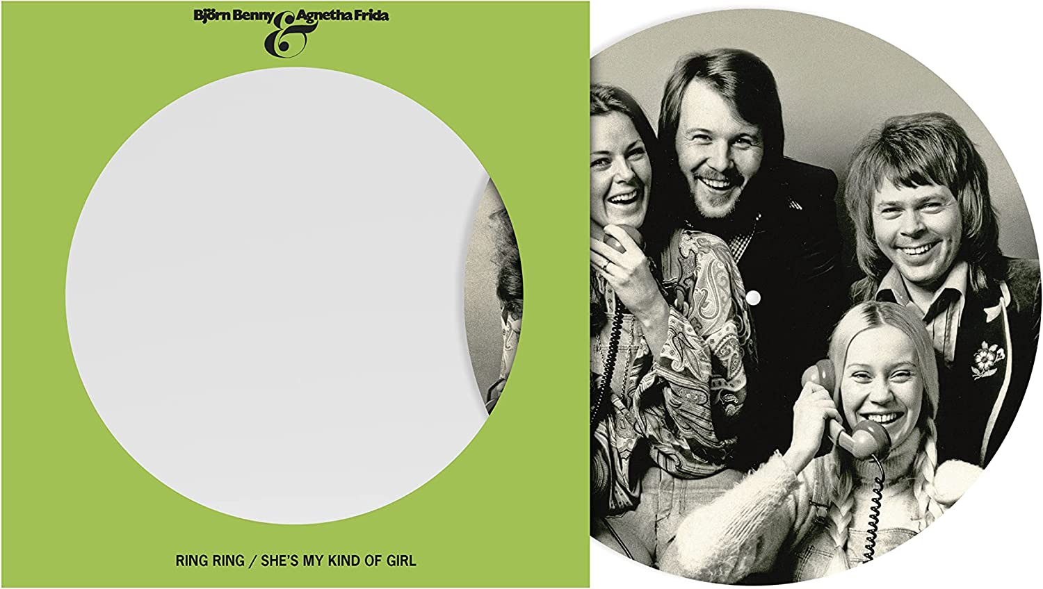 ABBA’s “Ring Ring” 7-inch vinyl record cover with group portrait.