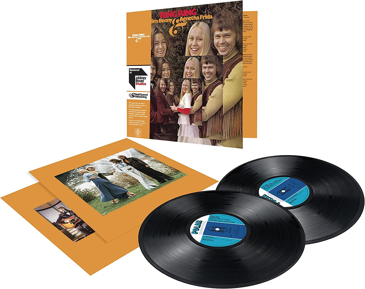ABBA’s “Ring Ring” vinyl record with orange sleeve and label details.