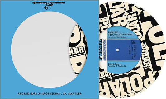 "Blue vinyl record sleeve with a white label and black text, showing both sides."
