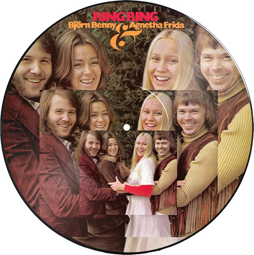 ABBA’s “Ring Ring” vinyl record cover featuring the band members’ portraits.