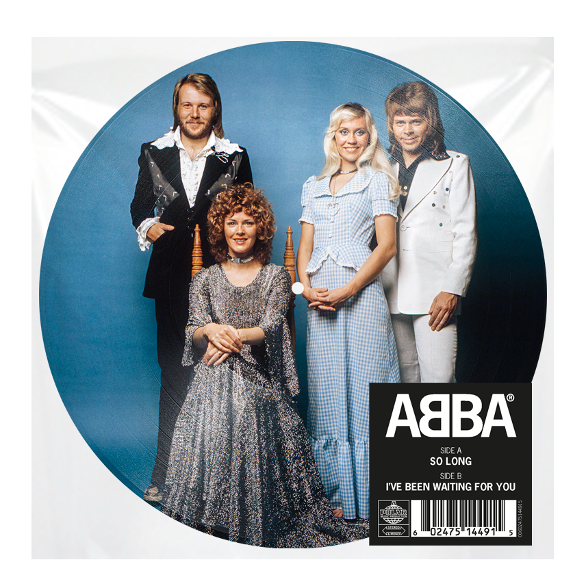 ABBA band portrait on a circular vinyl record with tracklist details.