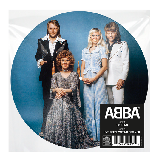 ABBA band portrait on a circular vinyl record with tracklist details.