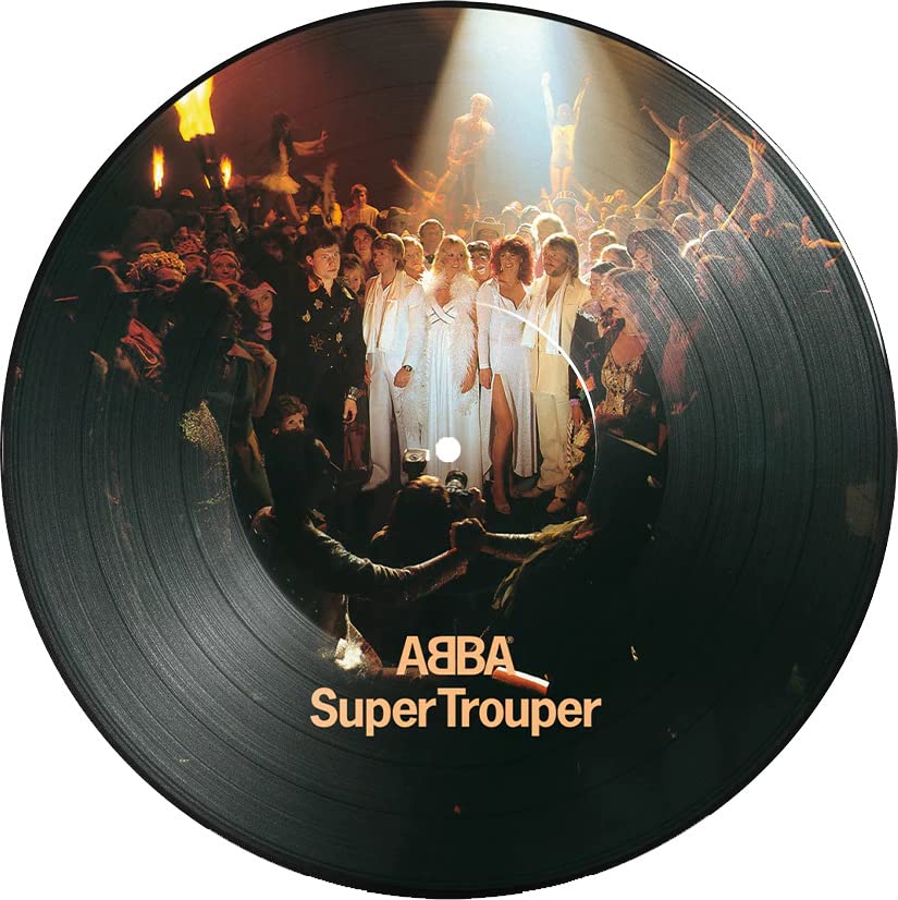 ABBA's "Super Trouper" vinyl record with a crowd scene and band members.