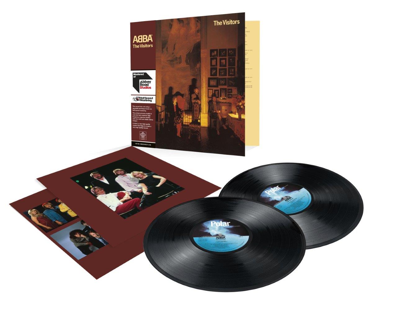 ABBA’s “The Visitors” vinyl record with two black discs and cover art.