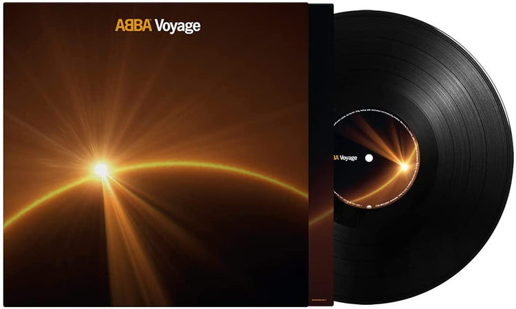 ABBA Voyage vinyl record album cover and black vinyl disc on white background.
