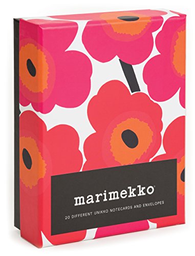 A box of Marimekko notecards featuring a bright pink and orange floral pattern.