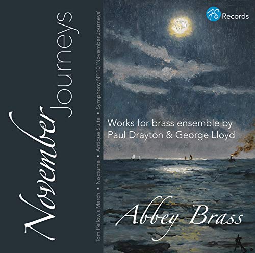 CD cover: stormy seascape painting with text “November Journeys” and “Abbey Brass.”