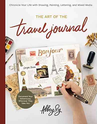 Book cover with travel journal imagery, hand, and art supplies.