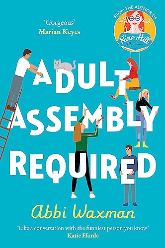 Book cover: “Adult Assembly Required” with illustrated people and a cat.