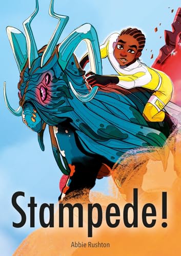 Boy riding a large, blue, horned creature in a desert landscape.
