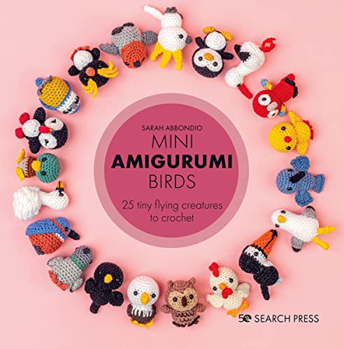 Book cover featuring a circle of colorful crocheted amigurumi birds on a pink background.