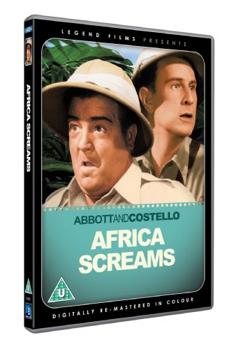 DVD cover for “Africa Screams” featuring Abbott and Costello in safari hats.