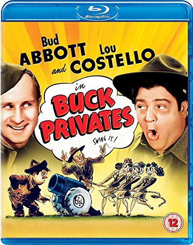 "Blu-ray case with yellow cover featuring Abbott and Costello in military attire."