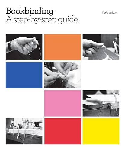 Book cover showing hands performing bookbinding techniques with colorful square accents and text.