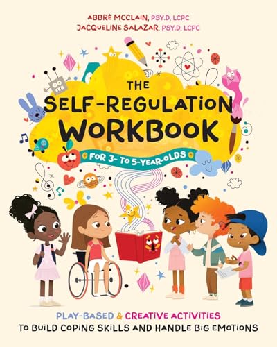 Colorful workbook cover with diverse children and playful illustrations.