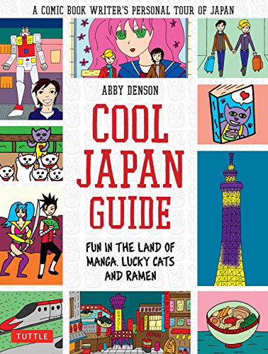 Book cover titled Cool Japan Guide featuring colorful manga-style illustrations of Japanese landmarks and culture.